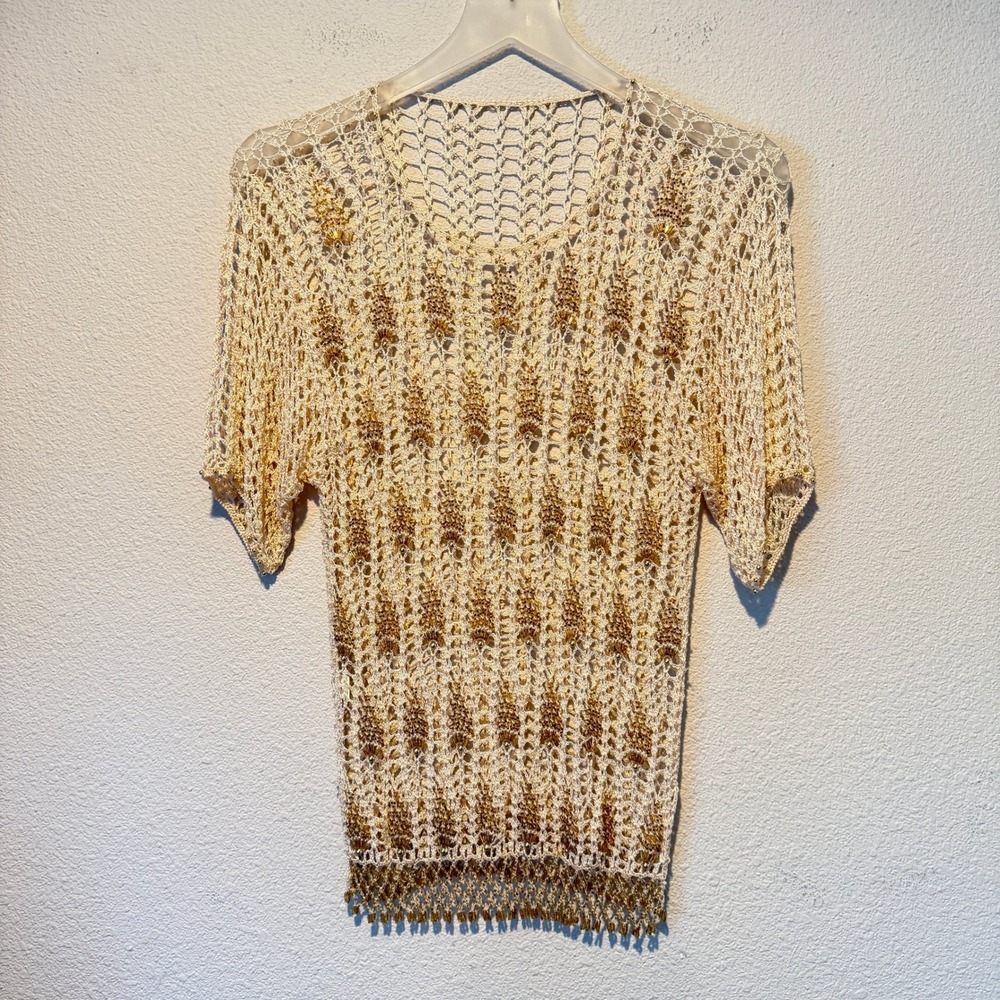 Vintage Style Ivory Gold Beaded Crochet Open Knit Short Sleeve Fringe Top Womens